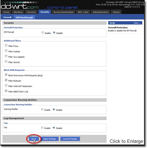 DD-WRT VPN Setup - Part 16 - Save Firewall Settings
