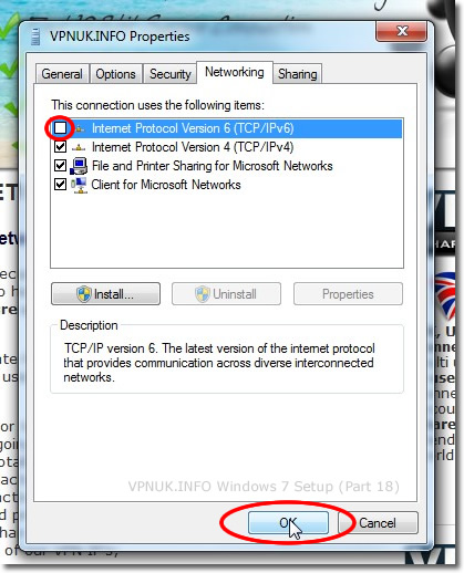 Setting up a VPN on Windows 7 - Part 18 - Unckeck TCP/IPv6