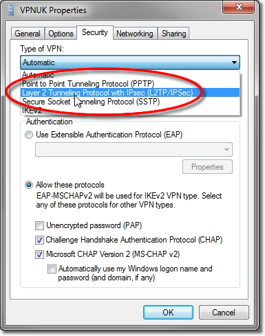 Setting up a VPN on Windows 7 - Part 14 Choose L2TP