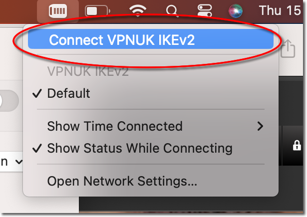 Connect VPNUK IKEv2 from menu bar